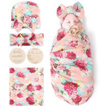 Cobertores florais BQUBO para bebês recém-nascidos com chapéu-laço, faixa de cabeça, conjunto de cartões de anúncio de nascimento de madeira, chapéus para bebês recém-nascidos, saco de dormir, presente de banho quente