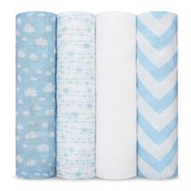 Cobertores Swaddle Comfy Cubs de Musselina, pacote com 4, azul, 120 x 120 cm