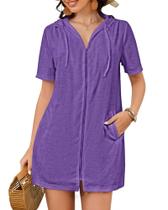 Cobertura de maiô Bsubseach Terry Cloth com capuz e zíper roxo