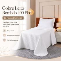 Cobre Leito Bordado 400 Fios Matelado 2 Peças Solteiro Branco Cobre Leito Bordado 400 Fios Matelado 2 Peças Solteiro Branco