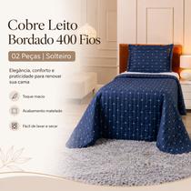 Cobre Leito Bordado 400 Fios Matelado 2 Peças Solteiro Marinho Cobre Leito Bordado 400 Fios Matelado 2 Peças Solteiro Marinho