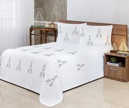 Cobre Leito Bordado Nossa Senhora Casal Padrão 03 Peças Branco com Preto Cobre Leito Bordado Nossa Senhora Casal Padrão 03 Peças Branco com Preto