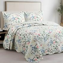 Cobre Leito Casal Dupla Face Estampado 03 Peças Toque Macio Evolution Cor:Floral Primavera Azul