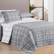 Cobre Leito Casal Dupla Face Grid Micro Percal 200 Fios Austin 3 Pçs Cinza