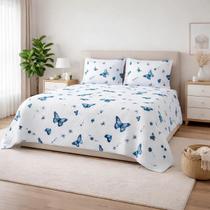 Cobre Leito Casal Padrão 3 Peças Piquet Borboletas Azuis