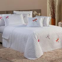 Cobre Leito Casal Padrão Bordado Libélula 3 Peças - Branco Cobre Leito Casal Padrão Bordado Libélula 3 Peças - Branco