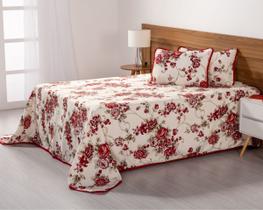 Cobre Leito Casal Padrão Piquet Estampada 03 Peças Floral Vermelho