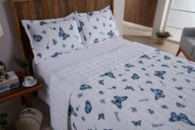 Cobre Leito Colcha Casal Padrão 3 Peças Borboleta Azul Dupla Face 100% Algodão