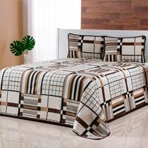 Cobre Leito Colcha Casal Queen 03 Peças Tecido Piquet Estampado Xadrez