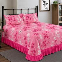 Cobre Leito com Babado 3 peças para cama Box ou Queen Galho Branco e Pink