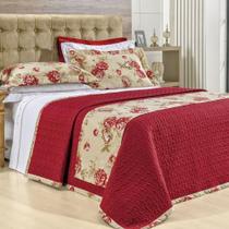 Cobre Leito Com Xale Casal Padrão Matelassado 4 Peças Gladis - Floral Vermelho - Sulamita