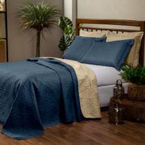 Cobre Leito Dupla Face Floral Casal Padrão 3 Peças - Marinho