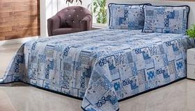 Cobre Leito Piquet Leve King Estampado Azulejo Azul