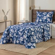 Cobre Leito Solteiro Estampado 300 Fios Matelado com Porta Travesseiro 2 Peças Luna Cor:Índigo Floral