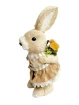 Coelha em pé escondendo buque de flores e jardineira xadrez - Tok da Casa