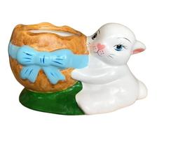 Coelho de Ceramica Porta Bombom Laço Azul Enfeite de Pascoa