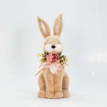 Coelho De Páscoa Decoração Enfeite Coelhinho Bege com Flores 43cm