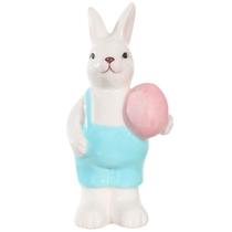 Coelho de Páscoa em cerâmica com macacão azul e ovo 12,6x4,5