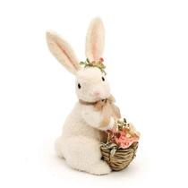 Coelho Decorativo c/ Arranjo de Flores e Cesta - Branco / Rosa / Marrom (Belle Lapin)