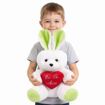 Coelho Grande de Pelúcia 48cm com Coração "Eu Te Amo" Presente Infantil Páscoa