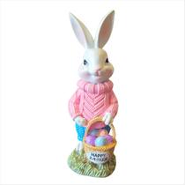 Coelho Rosa Com Cesta De Ovos Happy Easter Resina Decoração Páscoa Coelho Rosa Com Cesta De Ovos Happy Easter Resina Decoração Páscoa