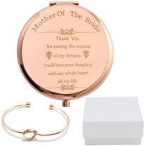 COFOZA Mãe da Noiva Presentes Set Ouro Rosa Aço Inoxidável Espelho de Maquiagem de Bolso Compacto com Pulseira de Nó de Ouro Rosa e Caixa de Presente para a Proposta de Casamento da Mãe da Noiva