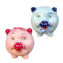 Cofrinho Cofre Porco Laço Kit 2 Peças Ceramica Rosa e Azul - Decore Casa
