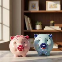 Cofrinho Cofre Porco Laço Kit 2 Peças Ceramica Rosa e Azul