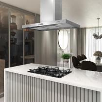 Coifa Ilha Com Exaustor Retangular Fogatti 75 cm Fogão Duto Slim 4 Lâmpadas Led Aço Inox 244W 110V