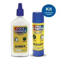 Cola Branca Líquida 100g + Cola Bastão Grande 40g Acrilex Kit Escolar Ideal p/ Colar Papel Cartolina Foto Tecido Madeira