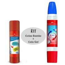 Cola Gel 2 Bicos 34g + Cola Bastão 10g Kit Faber Castell Uso Escolar ou Escritório Home Office Colagem Papel Fotos