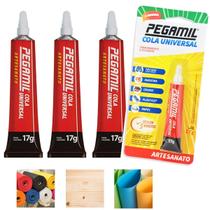 Cola Universal Pegamil Kit 3un 17g Artesanato Secagem Rápida Transparente Cola para Couro Madeira Feltro Papel Tecido