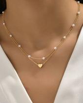 Colar 2 em 1 Pérolas com Coração Banho de Ouro Colar 2 em 1 Pérolas com Coração Banho de Ouro