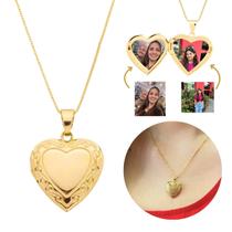 Colar 2 Fotos Relicário Coração Arabesco Banhado Ouro 18k