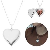 Colar 2 Fotos Relicário Coração Liso Grande Banhado A Prata