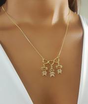 Colar 3 Filhos Com Coração Vazado Banhado a Ouro - 2 Meninas e 1 Menino