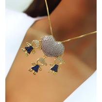 Colar 3 Filhos Menino/ Menino/Menino com Micro Zircônias Azul Banhado em Ouro18k Colar 3 Filhos Menino/ Menino/Menino com Micro Zircônias Azul Banhado em Ouro18k