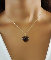 Colar 40 cm Pedra Natural Coração Quartzo Fumê Banhado em Ouro 18k