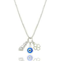 Colar 45cm Pingente Patuá Olho Grego Figa Trevo Prata 925 Colar 45cm Pingente Patuá Olho Grego Figa Trevo Prata 925
