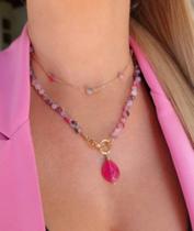 Colar 47cm com jade turmalina melancia com gota de ágata rosa pink facetada em banho de ouro 18k Colar 47cm com jade turmalina melancia com gota de ágata rosa pink facetada em banho de ouro 18k