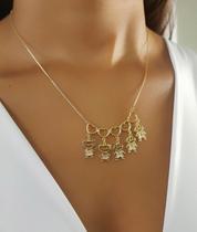 Colar 5 Filhos Com Coração Vazado Banhado a Ouro - 2 Meninas e 3 Meninos