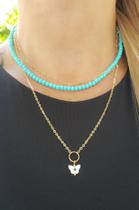 Colar 50cm com Mandala de borboleta de madrepérola com olho grego em banho de ouro 18k