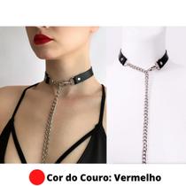 Colar Acessório Com Sintético Vermelho e Correntes Dourada