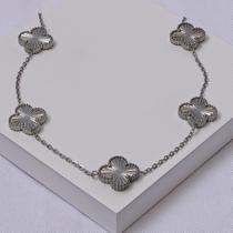 Colar Aço Inox Prateado Elo Cadeado Trevos Feminino Colar Aço Inox Prateado Elo Cadeado Trevos Feminino