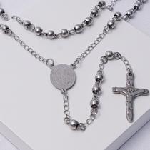 Colar Aço Inox Prateado Masculino Terço com Medalha São Bento