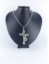 Colar Aço Inox Prateado Pingente Cruz Com Mãos