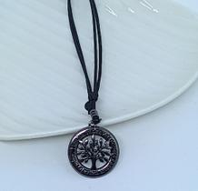 Colar Arvore da Vida Aço Inox Cordão Fio de Couro Ajustável Feminino/Masculino /Arvore da Faminilia Preto