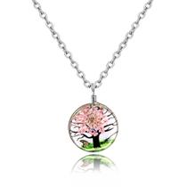 Colar Árvore da vida folha redondo Rosa Claro resina corrente aço inox prata