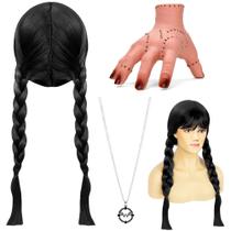 Colar Bairuly Wigs with Thing, mão falsa e faixa de cabeça, perucas longas trançadas pretas com franja para Halloween, para meninas, fantasias de Halloween Colar Bairuly Wigs with Thing, mão falsa e faixa de cabeça, perucas longas trançadas pretas com franja para Halloween, para meninas, fantasias de Halloween