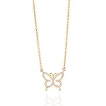 Colar banhado ouro 3x 24k 18k e 22k feminino elo cadeado com pingente borboleta cravejado pedra zircônias rommanel 50 cm 45 cm 532502